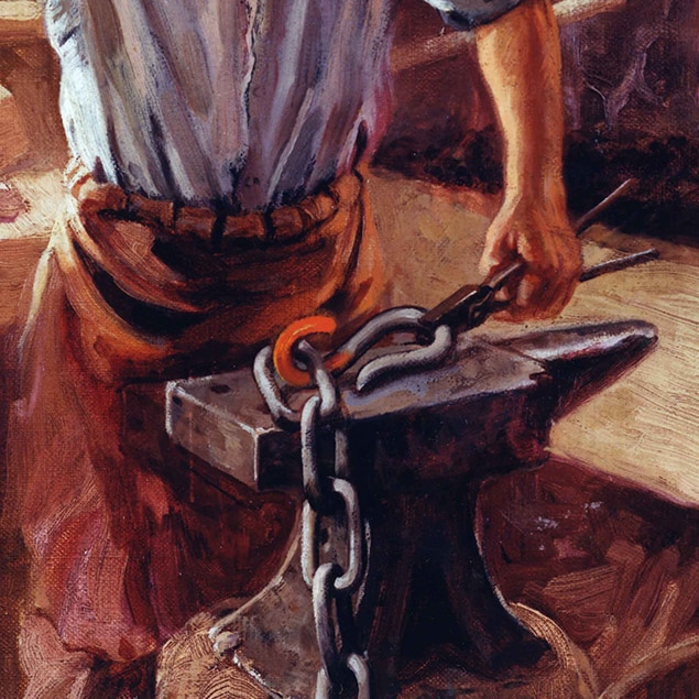 Walter Haskell Hinton malující Johna Deera pracujícího ve své kovářské dílně