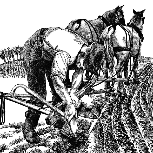 Kreslená ilustrace vyobrazující farmáře seškrabávajícího hlínu ze svého ocelového pluhu