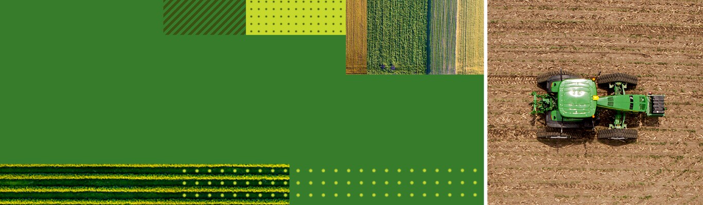 Koláž fotografií různých polí s traktorem John Deere na pravé straně