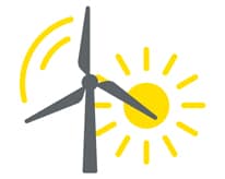 Ikona v podobě větrné turbíny se žlutými ikonami znázorňujícími vítr a slunce