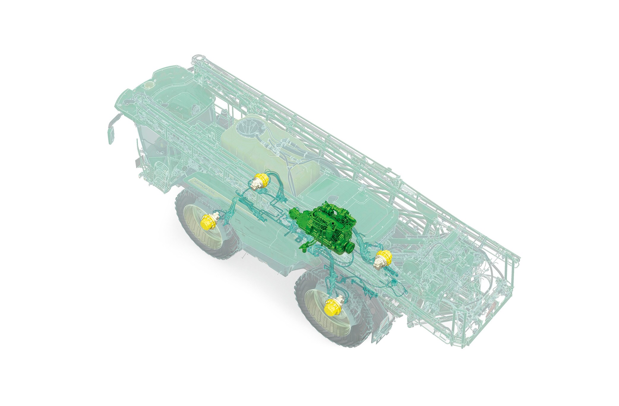 Technické vyobrazení CAD postřikovače 500R se zvýrazněným hnacím ústrojím CommandDrive™ a motorem