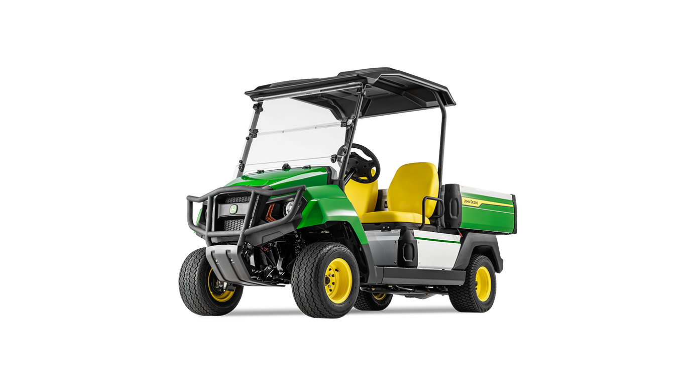 Pohled zepředu na tři čtvrtiny užitkového vozidla John Deere Gator GS s robustním nárazníkem a prostornou ložnou plochou.