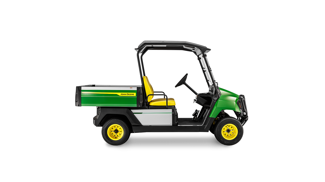 Boční profil užitkového vozidla John Deere Gator GS s benzínovým motorem, zelenou karoserií, žlutými koly a otevřenou kabinou.
