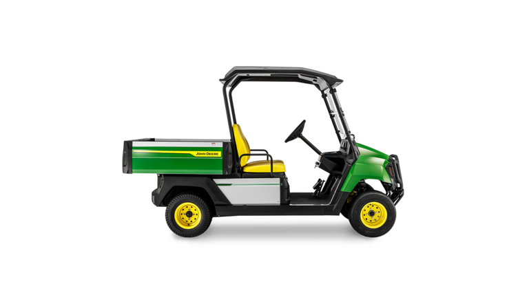 Boční profil užitkového vozidla John Deere Gator GS s benzínovým motorem, zelenou karoserií, žlutými koly a otevřenou kabinou.