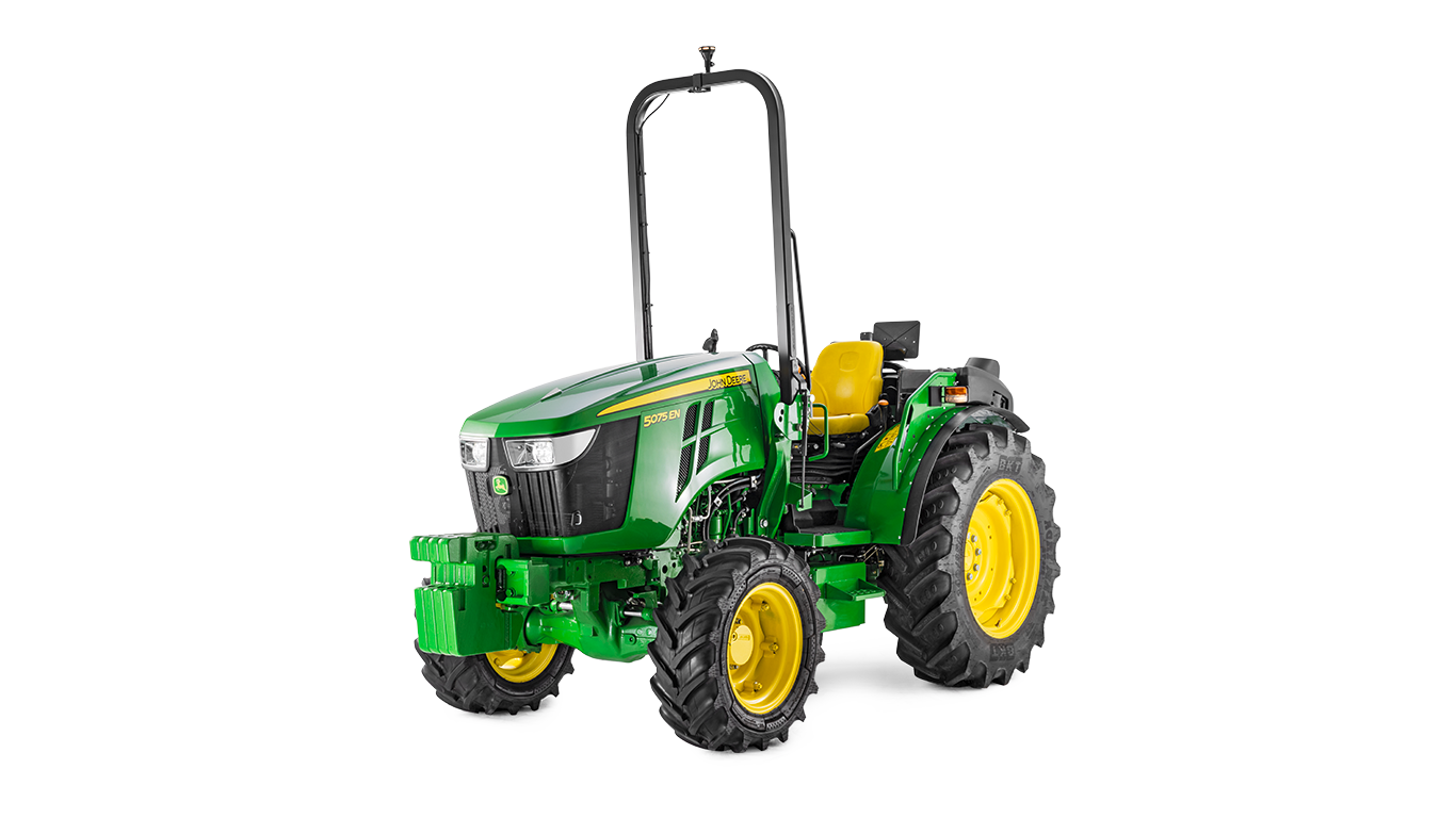 Traktor John Deere 5075EN v zelené a žluté barvě, přední pohled s kompaktním designem a robustními pneumatikami.