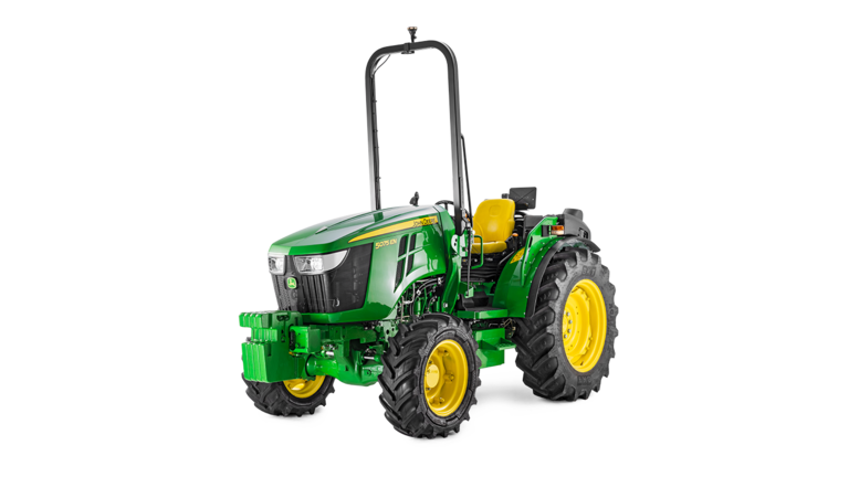Traktor John Deere 5075EN v zelené a žluté barvě, přední pohled s kompaktním designem a robustními pneumatikami.