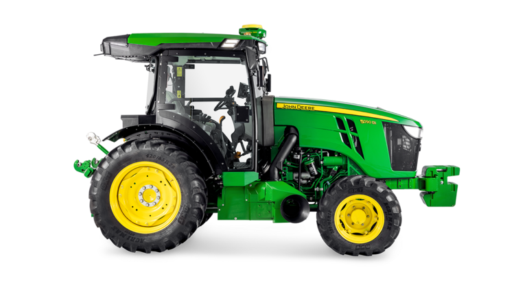Boční profil traktoru John Deere 5090EN, zdůrazňující design kabiny a velké zadní pneumatiky.