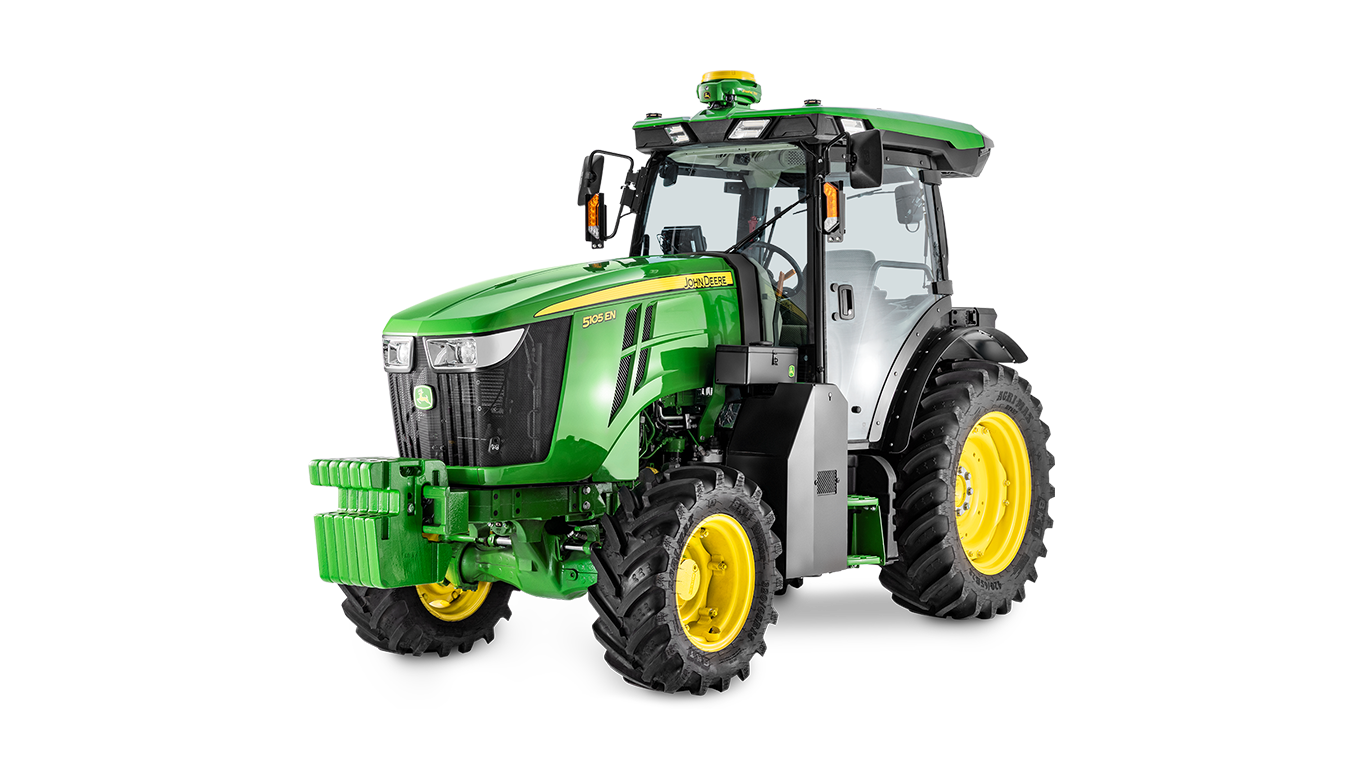 Traktor John Deere 5105EN s kabinou, zelenou karoserií a žlutými koly, zobrazený z úhlu čelního pohledu.