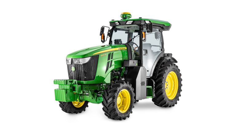 Traktor John Deere 5105EN s kabinou, zelenou karoserií a žlutými koly, zobrazený z úhlu čelního pohledu.